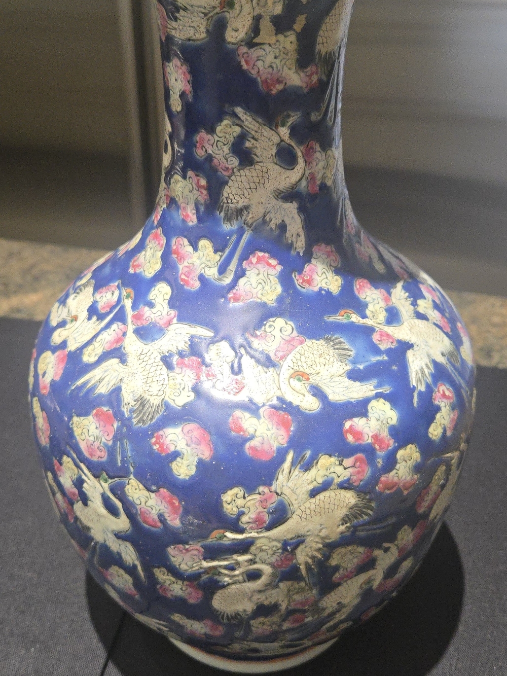 Vintage Chinese Famille Rose Blue Ground Crane Vase.